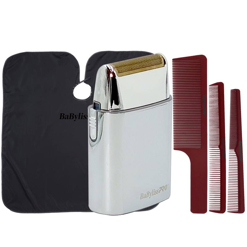 BaByliss PRO Hypoallergenic Gold Single Foil Cordless Shaver FXFS1 + Barberology Professional Cutting Cape + Comb Set Red - Silver