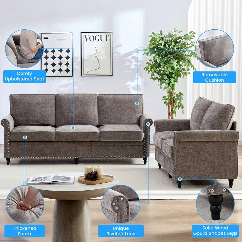 Mixoy 2 Piece Living Room Sofa Set with Riveted Design,Chenille Nailhead W76''3-Seater Sofa Couch with W53''Loveseat Sofa