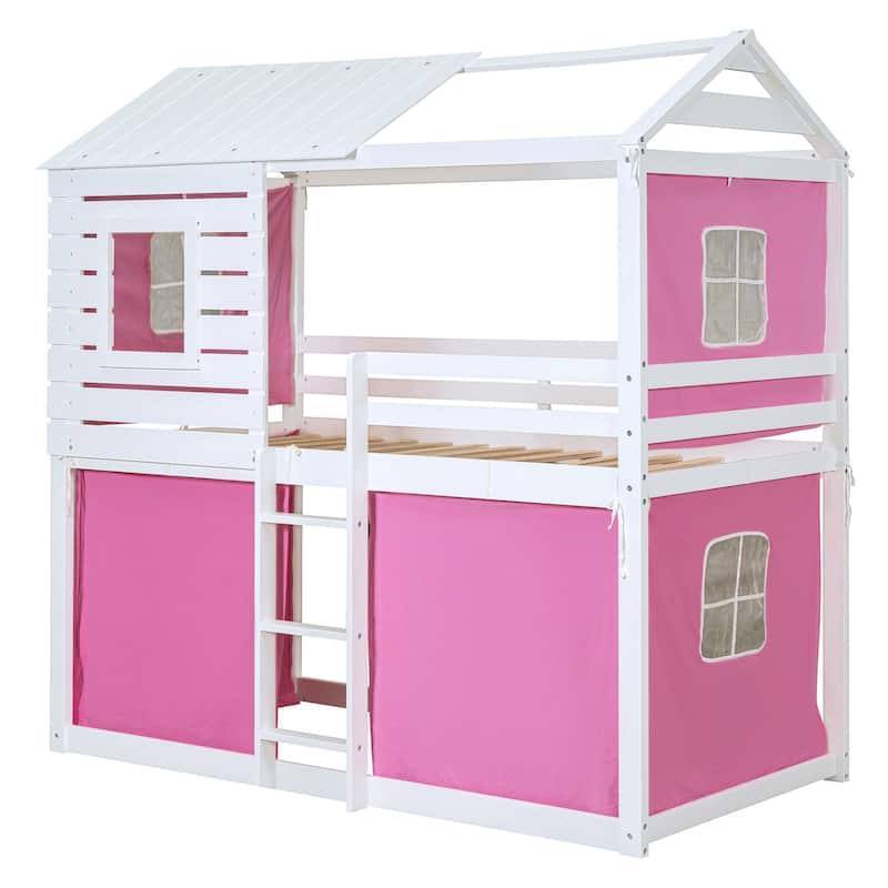 Pink+White Twin Size Solid Wood House Bunk Bed with Tent, Ladder and Fence for Kids, Bedroom