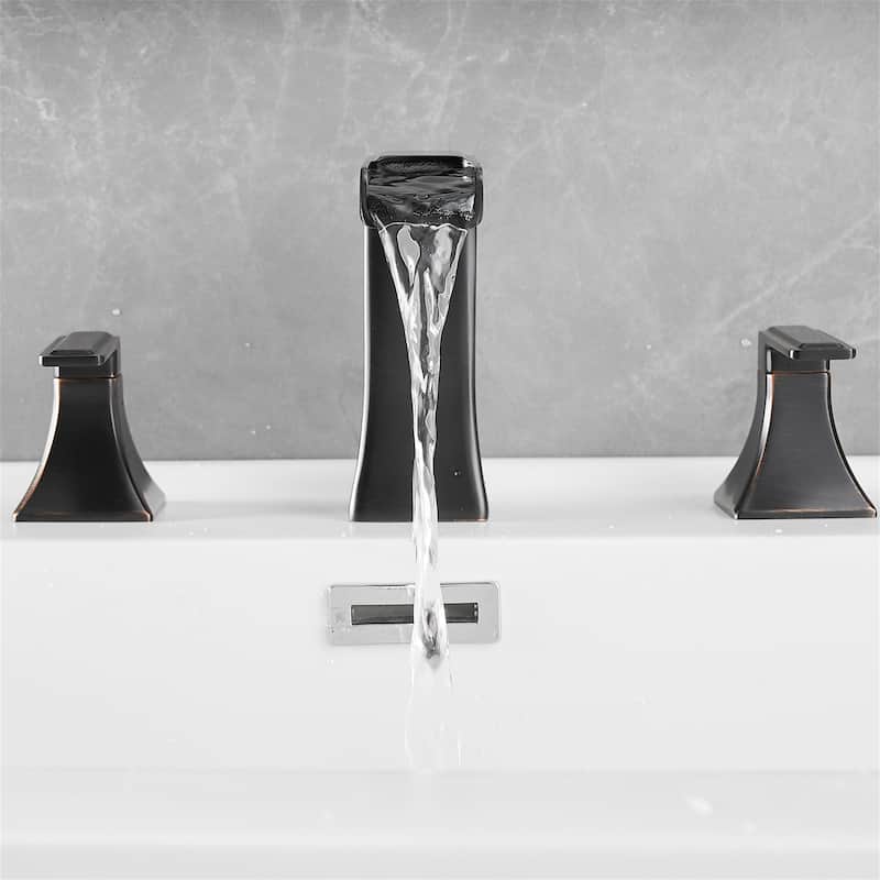Waterfall 8 Inch Widespread Bathroom Faucet with Pop-up Drain Kit Brass Double Handle Modern Bathroom Sink Vanity Taps