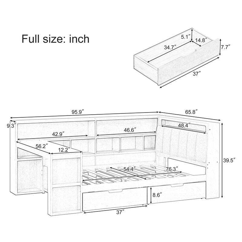 Wood Daybed L-shaped Bookcase Bed with Under-Bed Drawers and Side Bookshelf, Platform Daybed with Desk and Padded Headboard - Natural - Full