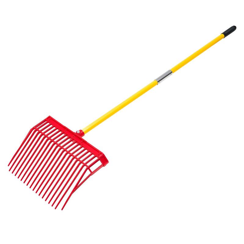 Yellow and Red Plastic Fiberglass Handle Horse Manure Fork with Angled Pointed Teeth - 61.02” L x 15.75” W