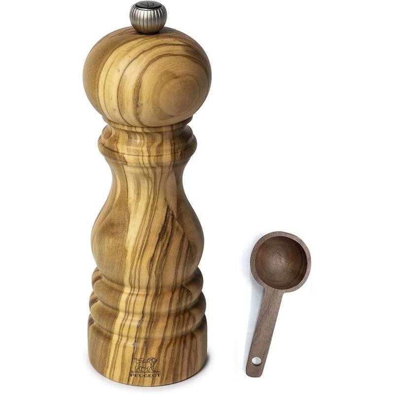 Paris Olivier Pepper Mill Gift Set Olive Wood - With Wooden Scoop (7 -Inch, Pepper Mill w/ Scoop) - 2 Piece