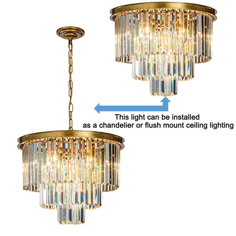 10/11-Light Matte Gold Vintage Fringe Crystal Chandelier Glam Lighting Adjustable for Dining & Kitchen Areas