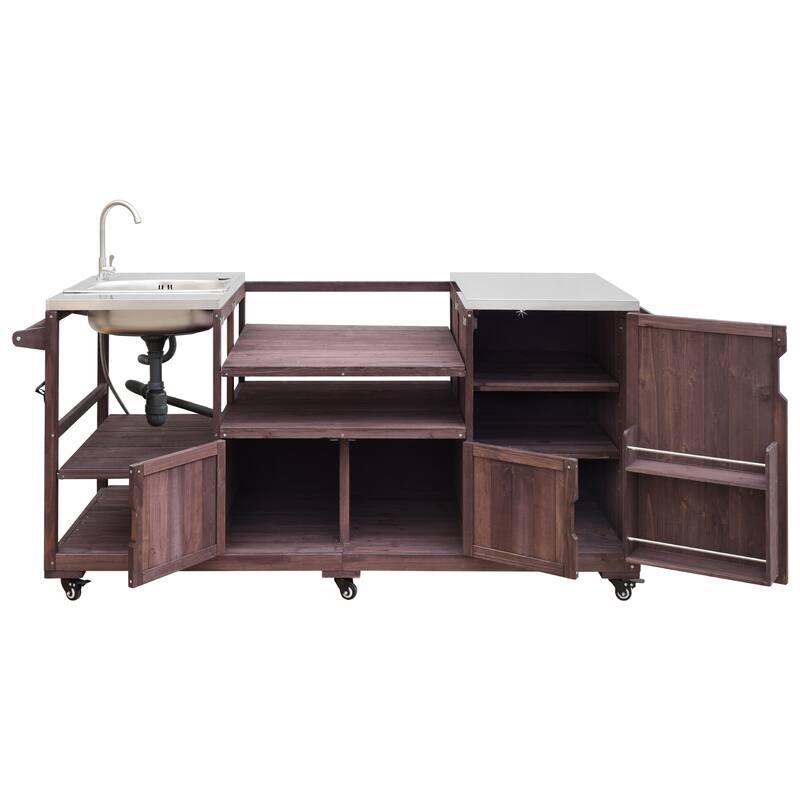 75.4"Outdoor Kitchen Island with Sink, Solid Wood Grill Cart for XL Green Egg Grills, Rolling Bar Cart with Stainless Steel Top