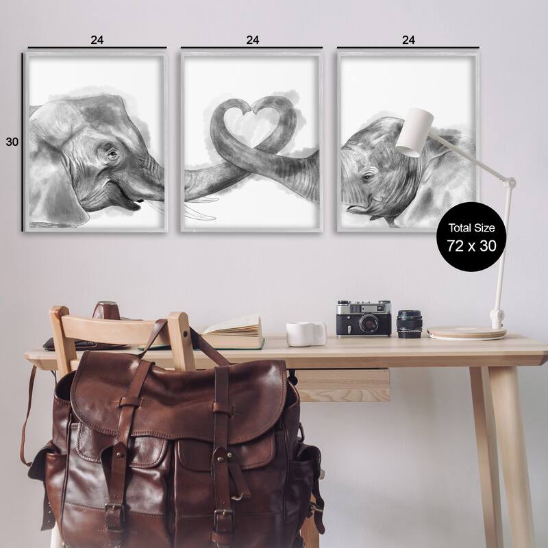 Stupell Elephant Trunk Heart Jungle Animal Illustration, 3pc Multi Piece Framed Wall Art Set