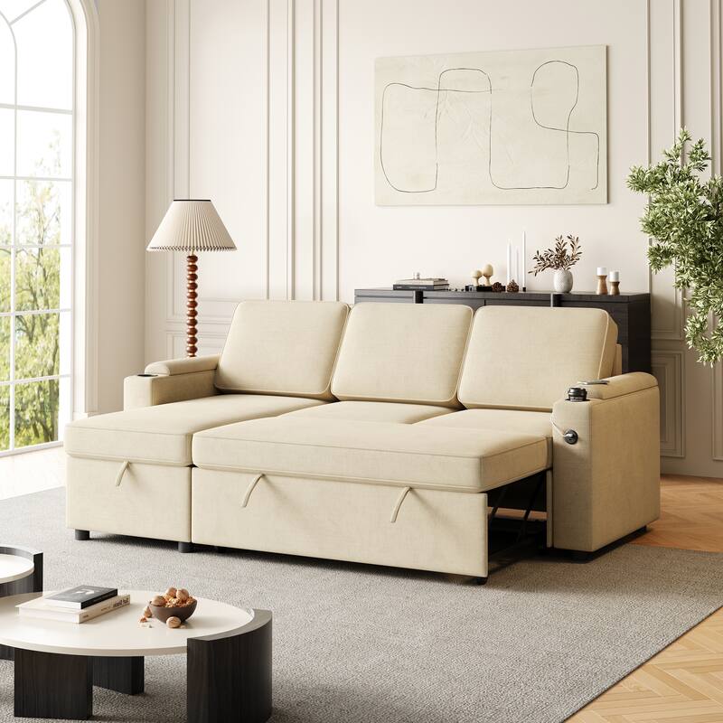85.8" Sleeper Sofa with Pull Out Bed with Charging Port - Beige