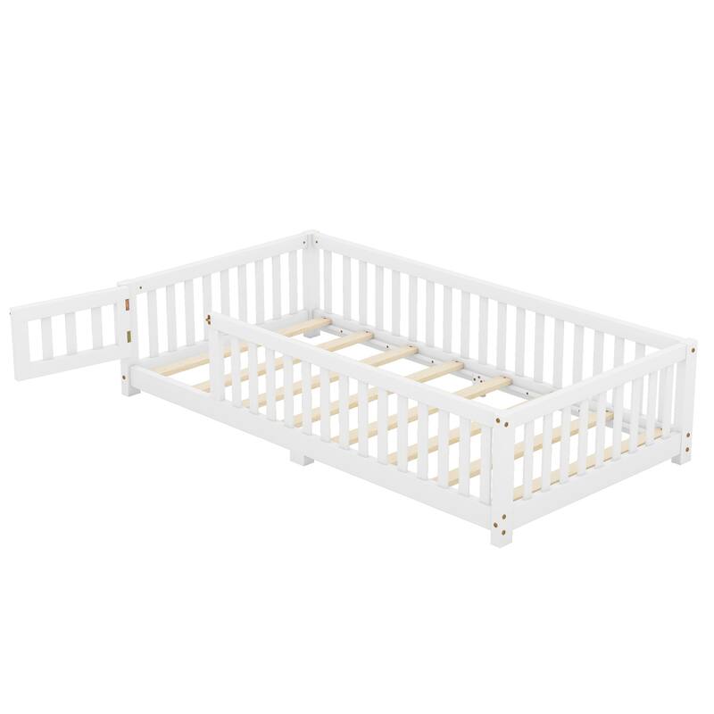 White Twin Size Pine Wood Floor Bed with Safety Guardrails and Door