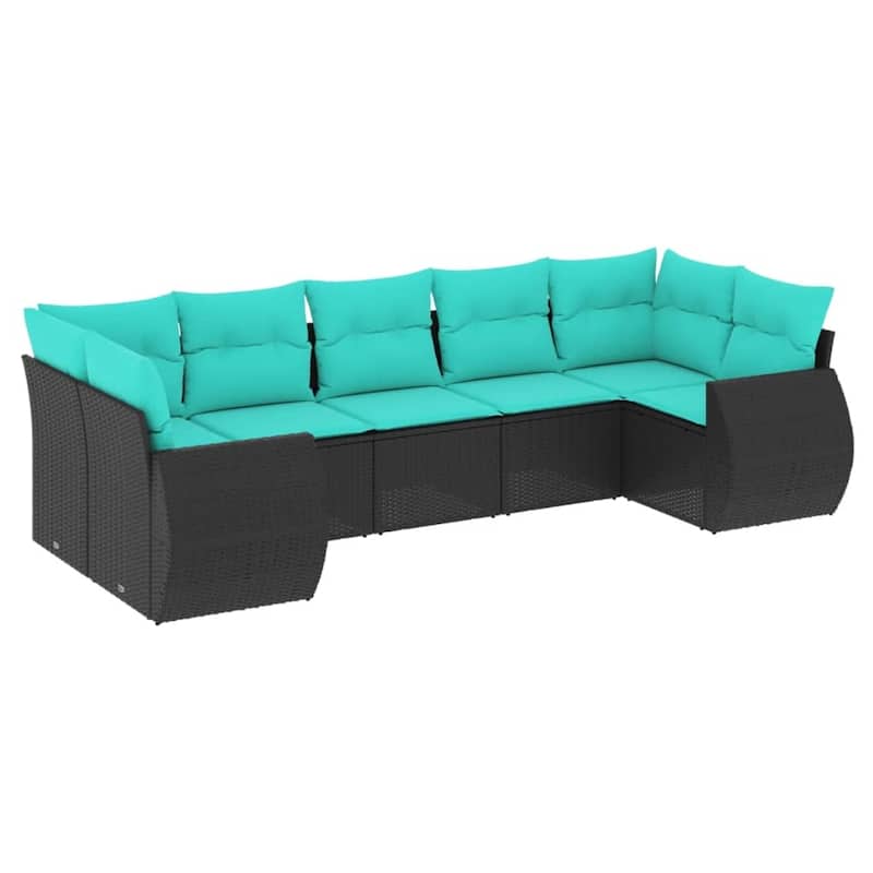 vidaXL 7 Piece Patio Sofa Set with Cushions Black Poly Rattan - 28 x 24.4 x 27.2