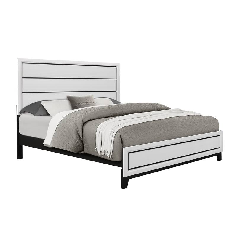 King Size Bed White Veneer Platform Bed with Black Hardware, 4 Slats, Modern Bedroom Furniture