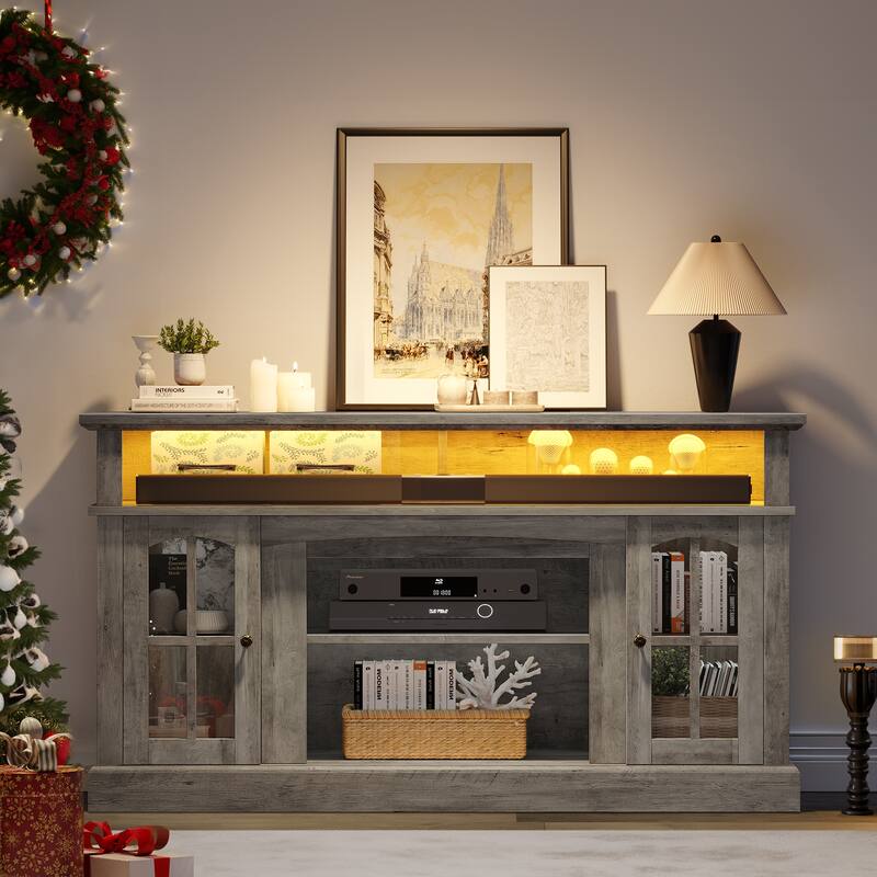Moasis LED Farmhouse TV Stand Highboy Entertainment Center Media Console with Adjustable Shelves & Glass Doors