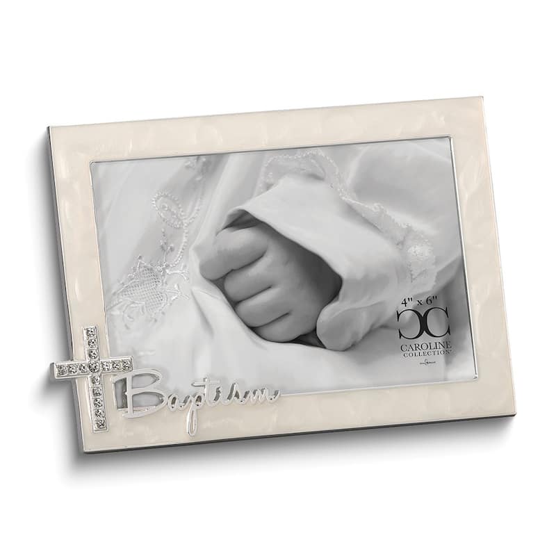 Curata Silver-Tone Ivory Enamel Baptism with Cross 4x6 Photo Frame