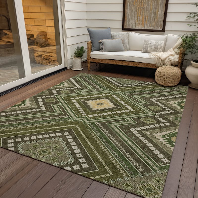 Machine Washable Indoor/ Outdoor Global Boho Chantille Rug - Olive - 8' x 10'