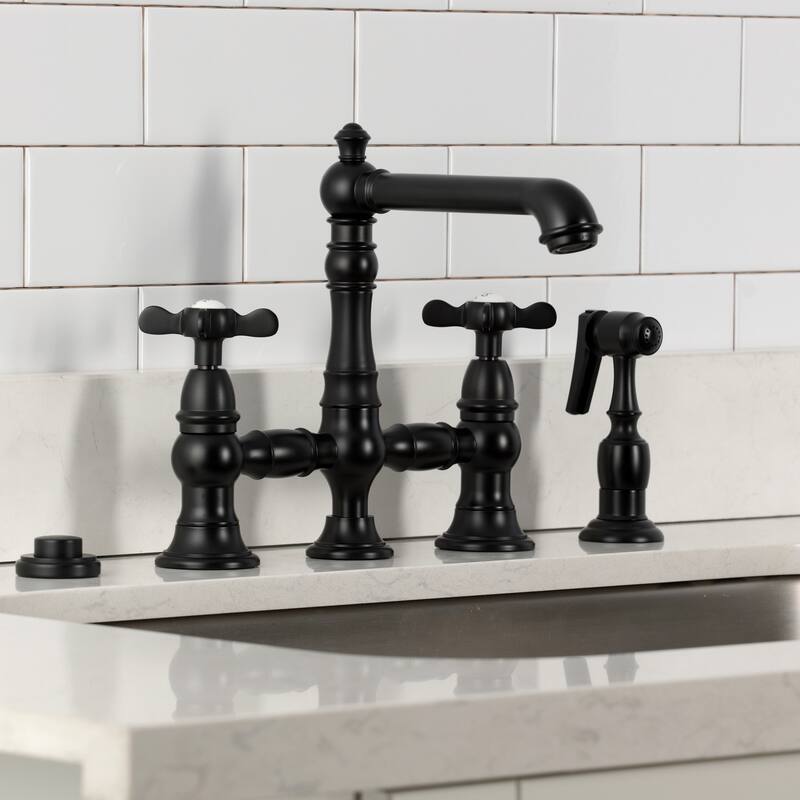 Kingston Brass Essex Two-Handle 4-Hole Deck Mount Bridge Kitchen Faucet with Brass Side Sprayer