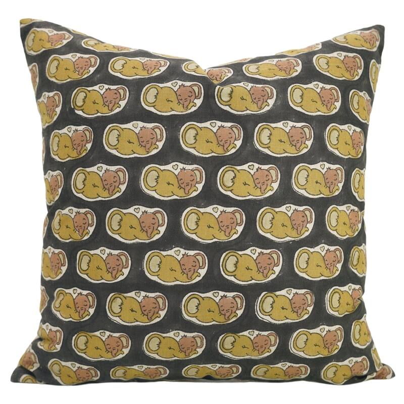 Fabdivine Handmade Block Print Elephant Kids Room Décor Pillow Cover - Elephant- Yellow, Brown, Black - 14" x 14"