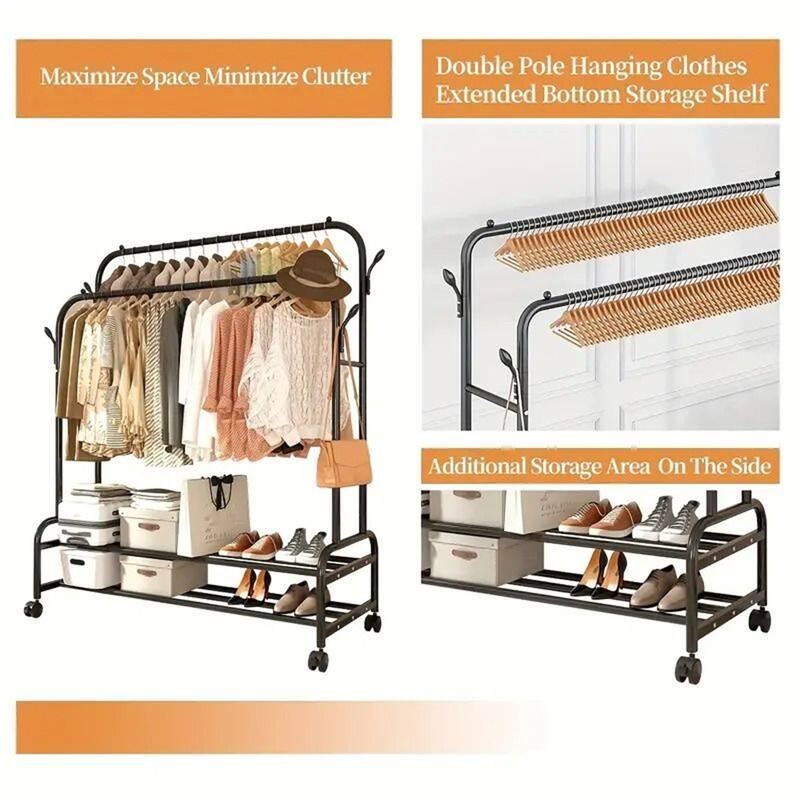 Heavy-Duty Rolling Metal Garment Rack with Dual Bars