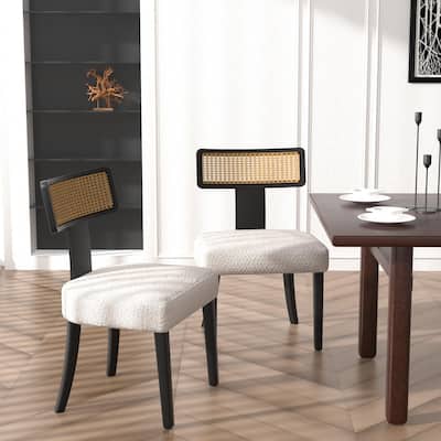 Mid Century Upholstered Dining Chairs Set of 2, with Solid Wood Frame and Rattan Net Back