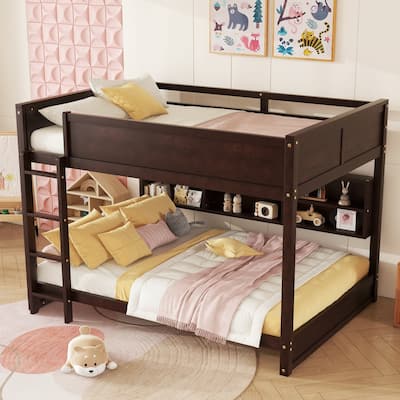 Queen-Size Over Queen-Size Bunk Bed With Integrated Storage Cabinets, USB Charging Ports, Wooden Ladder, Safety Rails .