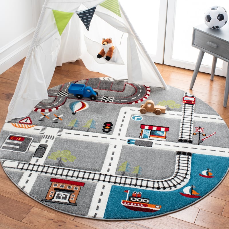 SAFAVIEH Carousel Kids Koika Neighborhood Road Rug - Grey/Ivory - 5'3" Round - Round