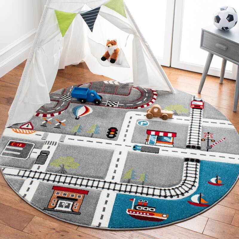 SAFAVIEH Carousel Kids Koika Neighborhood Road Rug - 5'3" x 5'3" Round - Grey/Ivory