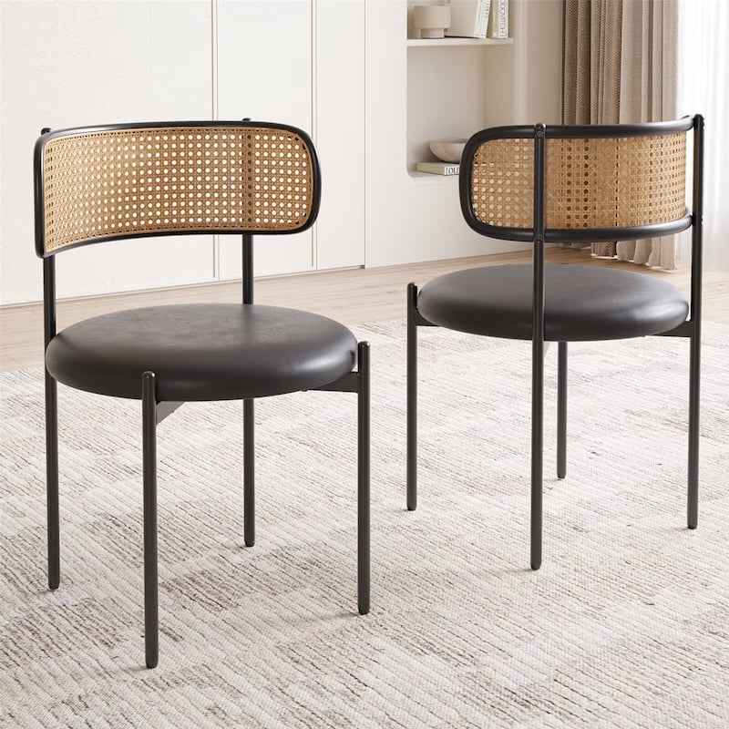 PU Leather Upholstered Seat Dining Chairs with Woven Rattan Back (Set of 4)