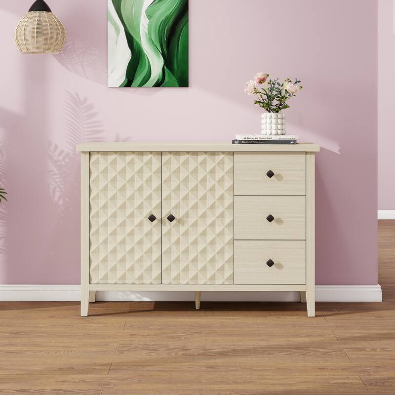 Roomfitters Modern Buffet Cabinet with 2 Embossed Doors and 3 Drawers, Accent Sideboard Storage Cabinet, Natural