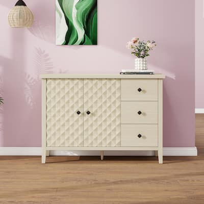 Roomfitters Modern Buffet Cabinet with 2 Embossed Doors and 3 Drawers, Accent Sideboard Storage Cabinet, Natural