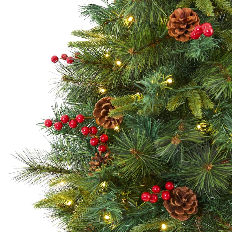 6' Mixed Pine Artificial Christmas Tree with 250 Clear LED Lights, Pine Cones and Berries