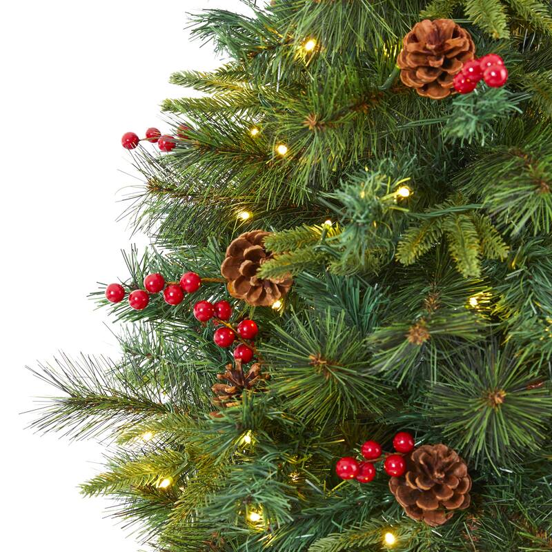 6’ Pinecone & Berry Pine Artificial Christmas Tree, Clear LED Lights - 6 Foot