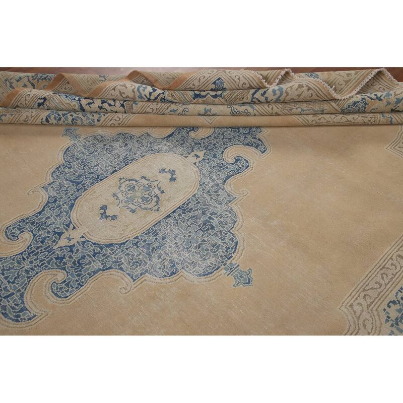 Hand Knotted Oriental 100% Wool Carpet Traditional Medallion Peach Kerman Area Rug - 13' 7'' X 10' 5''