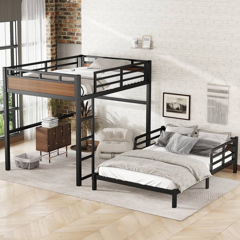 Full XL over Full XL Metal Bunk Bed with Security Fence, Walnut Color, Space-Saving Design