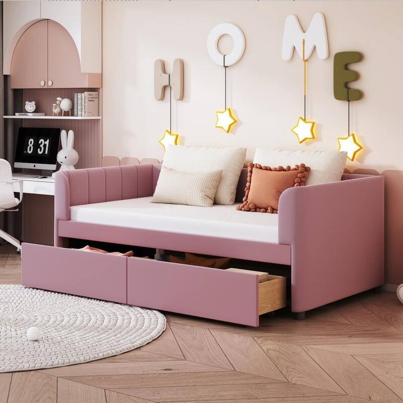 Velvet Upholstered Daybed with Ergonomic Design Backrest and 2 Drawers,Twin Size - Pink