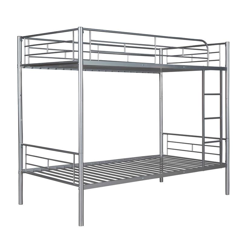 Silver Twin Over Twin Metal Bunk Bed with Safety Guardrails & Space-Saving Design