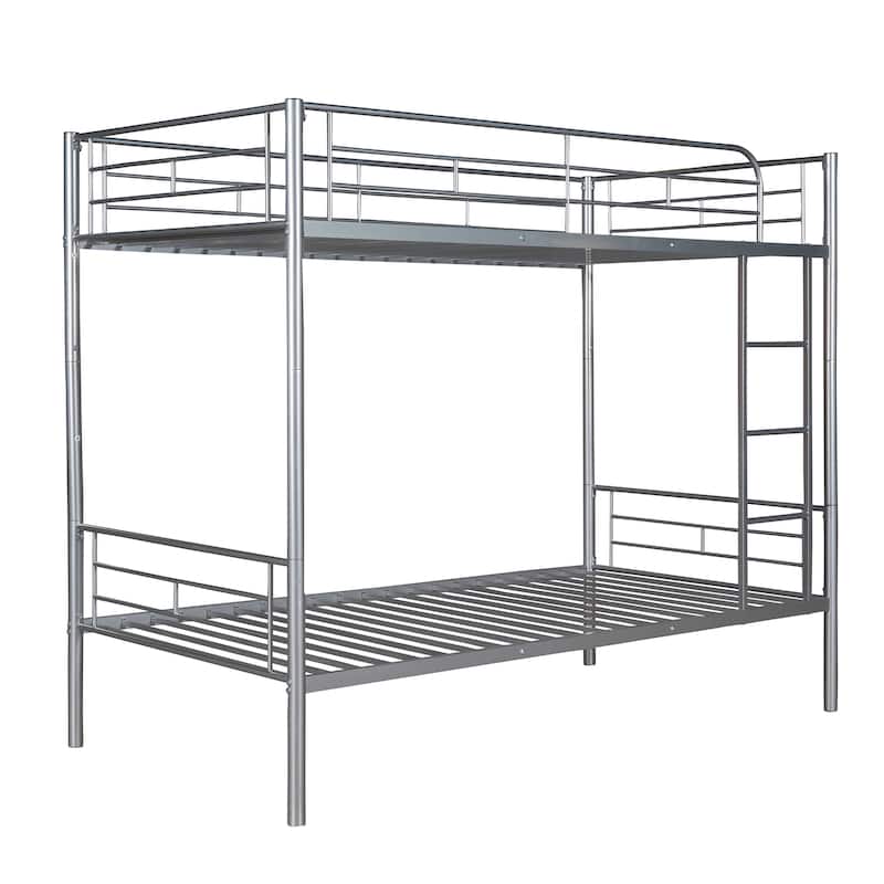 Silver Twin over Twin Metal Bunk Bed with Fence & Ladder