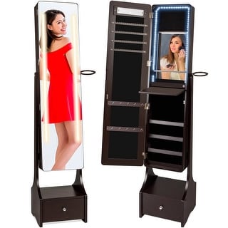 Dark Brown Jewelry Cabinet Freestanding Full Length Mirror with LED ...