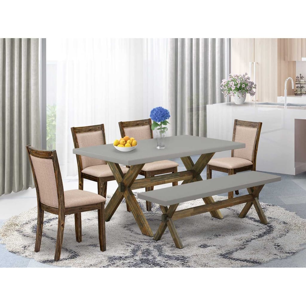 HomeStock 6-Piece Rectangle Distressed Jacobean Finish Solid Wood Top Dining Table with 1-Bench, 4-Chairs