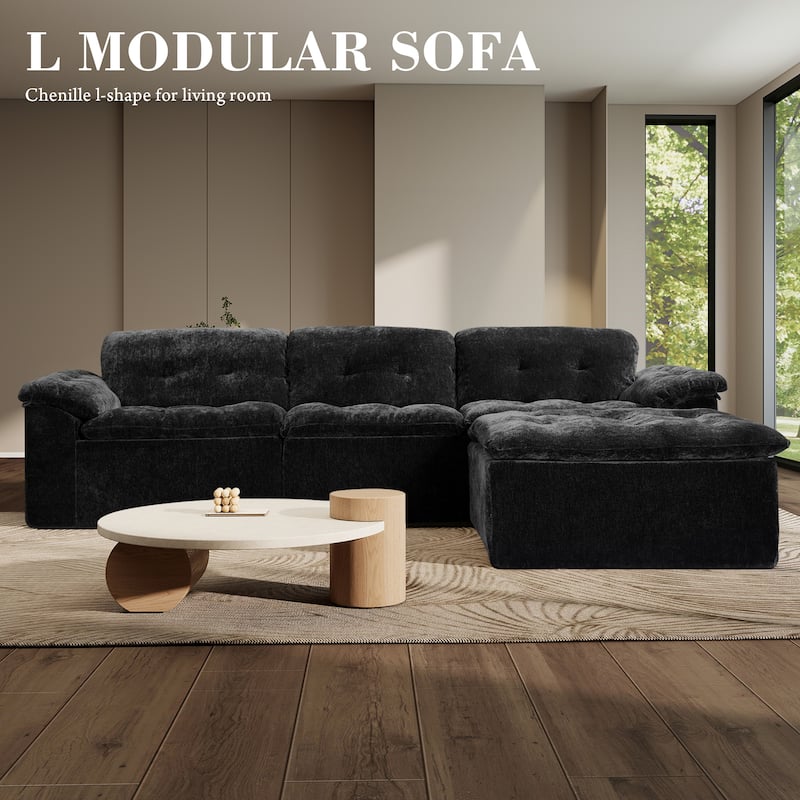 Rossetta L-Shaped Modular Chenille Cushioned Extreme Comfort Sofa with Detachable Backrest and Armrests, 1 Removable Ottoman