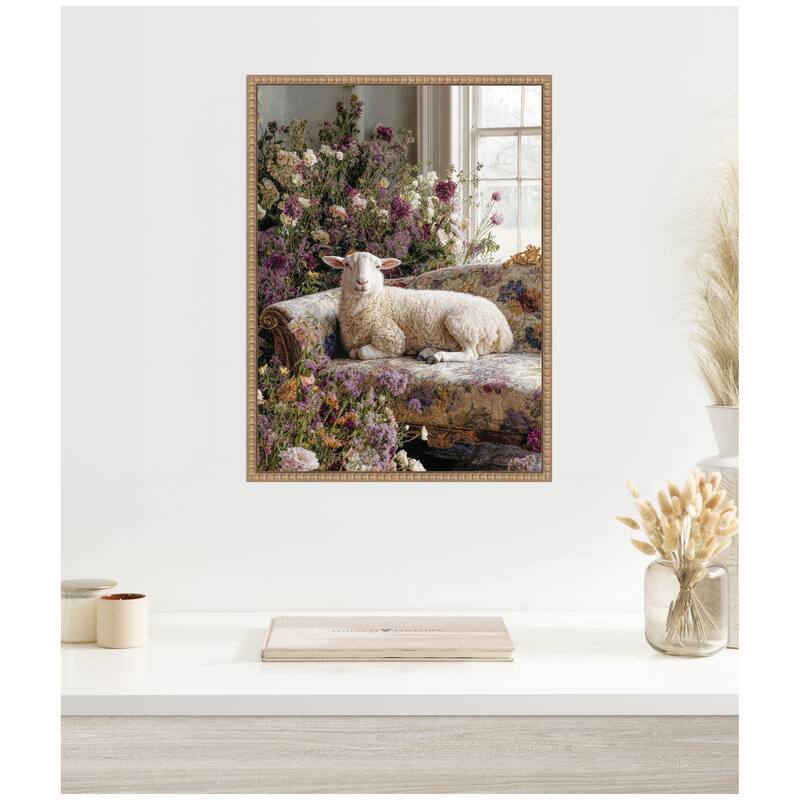 Kate and Laurel Cute Sheep in Romantic Flowers by Michael Schauer Framed Canvas Wall Art Print