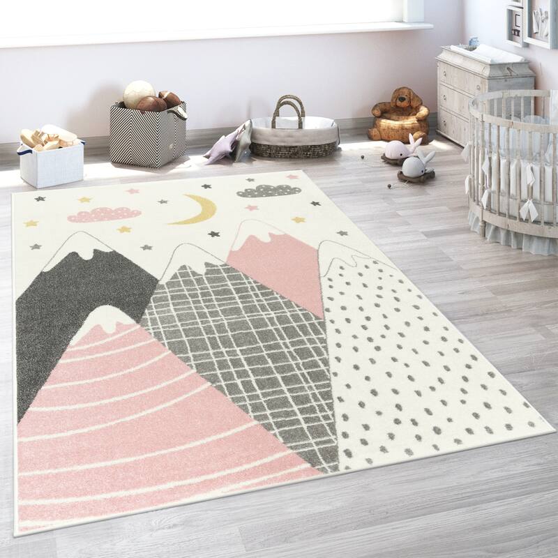 Kids Rug with Pastel Mountains dreamy Stars and Moon for Nursery - pink - 7'10" x 11'2"