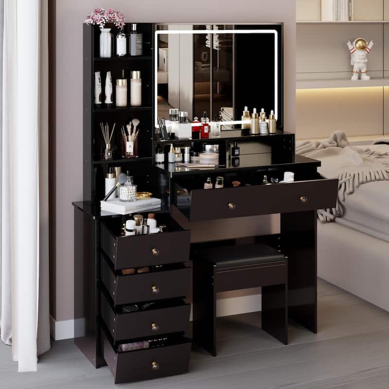 41"Large Size Left Bedside Cabinet Vanity Table+Cushioned Stool, Extra Large LED Mirror, Multi Layer High Capacity Dresser