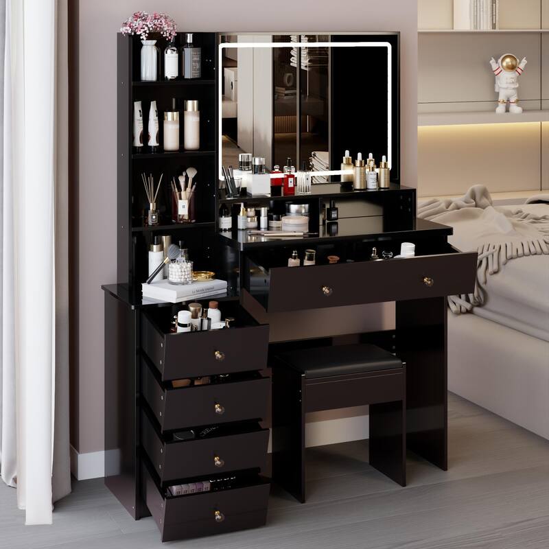 Vanity Desk with Touch Control LED Sliding Mirror, Large Capacity Dresser Table Set, Makeup Vanity with 5 Drawers & Stool
