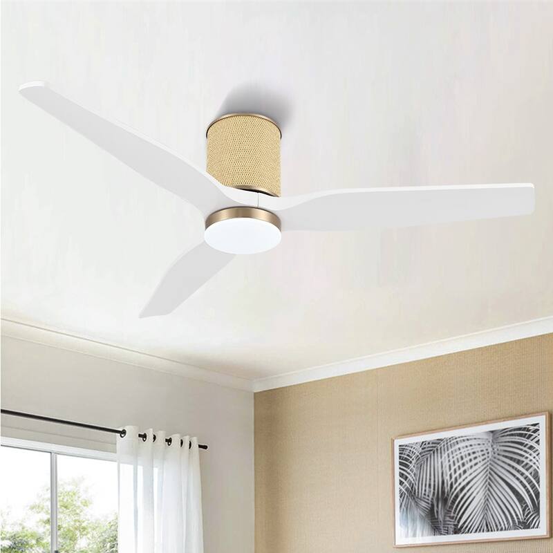 MLiAN 52 In. 3 Solid Wood Blades Flush Mount Ceiling Fan with Light Kit - 52" - Gold/White