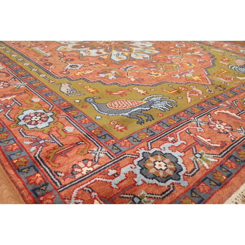 Animals Pictorial Ziegler Indian Area Rug Handmade Wool Carpet - 8'0" x 9'11" - 8'0" x 9'11" - Orange