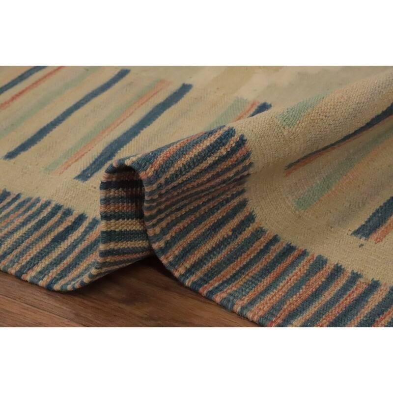 Hand Woven Oriental 100% Wool Carpet Southwestern Tribal Beige & Ivories Kilim Area Rug - 9' 10'' X 6' 7''