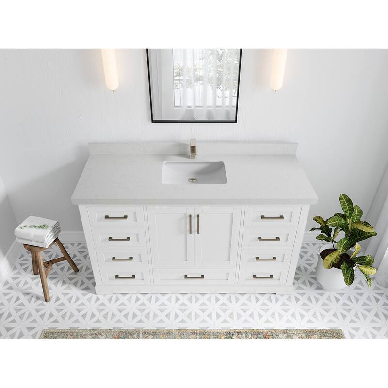 Willow Collection 60 in W x 22 in D x 36 in H Boston Single Bowl Sink Bathroom Vanity with Countertop - 2"Carrara Quartz - White