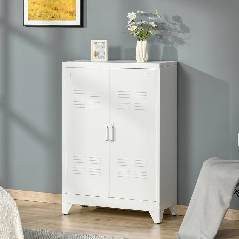 HOMCOM Industrial Style Steel Storage Cabinet, Metal Storage Organizer with 2-Tier Adjustable Shelves for Living Room or Home - White