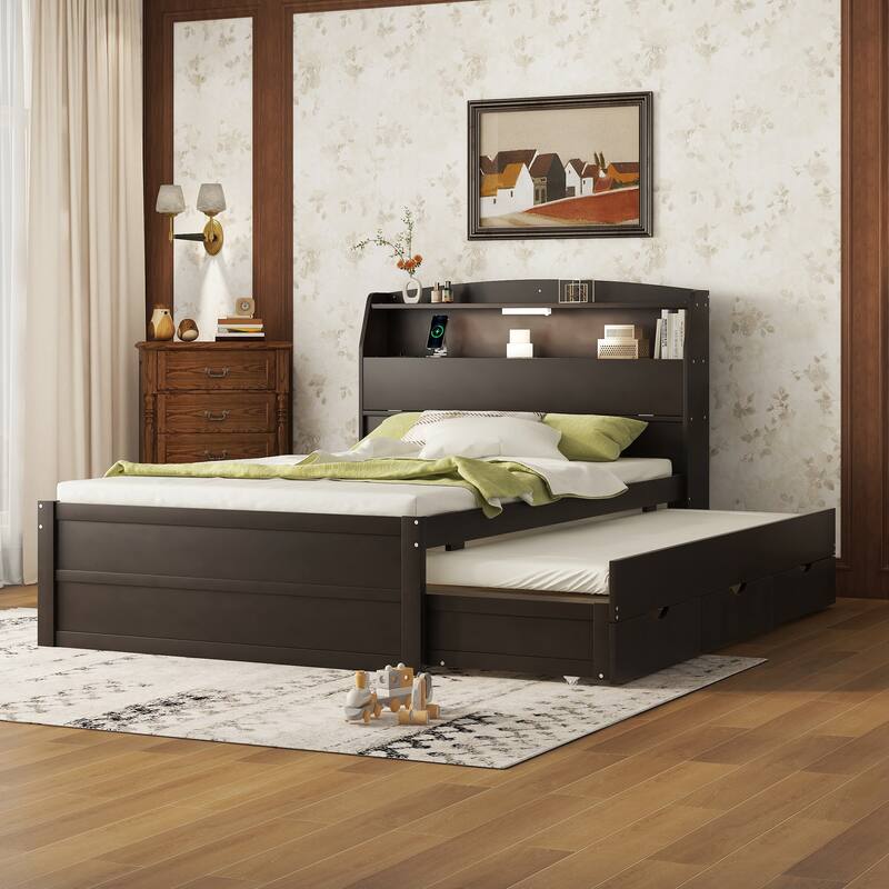 Wood Captain Bed Platform Bed with Trundle and 3 Drawers, Single Bed Frame with Storage Headboard and Integrated LED Light - Brown - Full