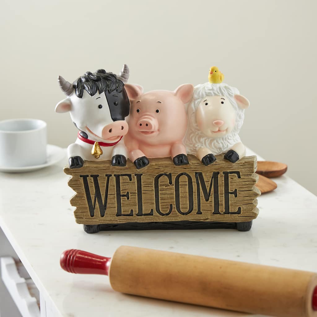 Multi Colored Polystone Farm Animals Decorative Sculpture with Brown Welcome Sign