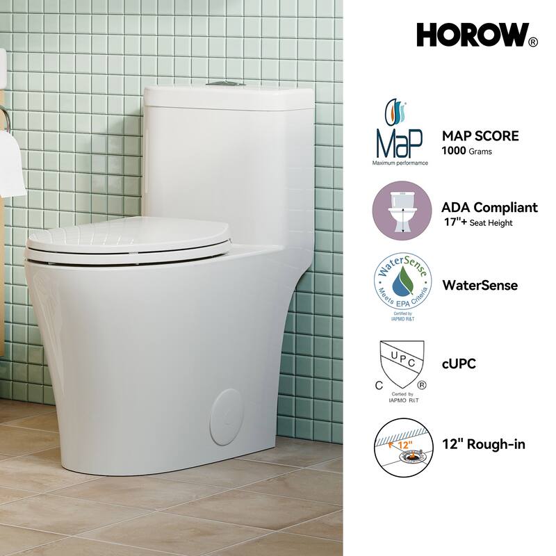HOROW 1 Piece Compact Elongated ADA Height Dual Flush Toilet White 0.8 1.26 GPF 1000g Flush Seat Included