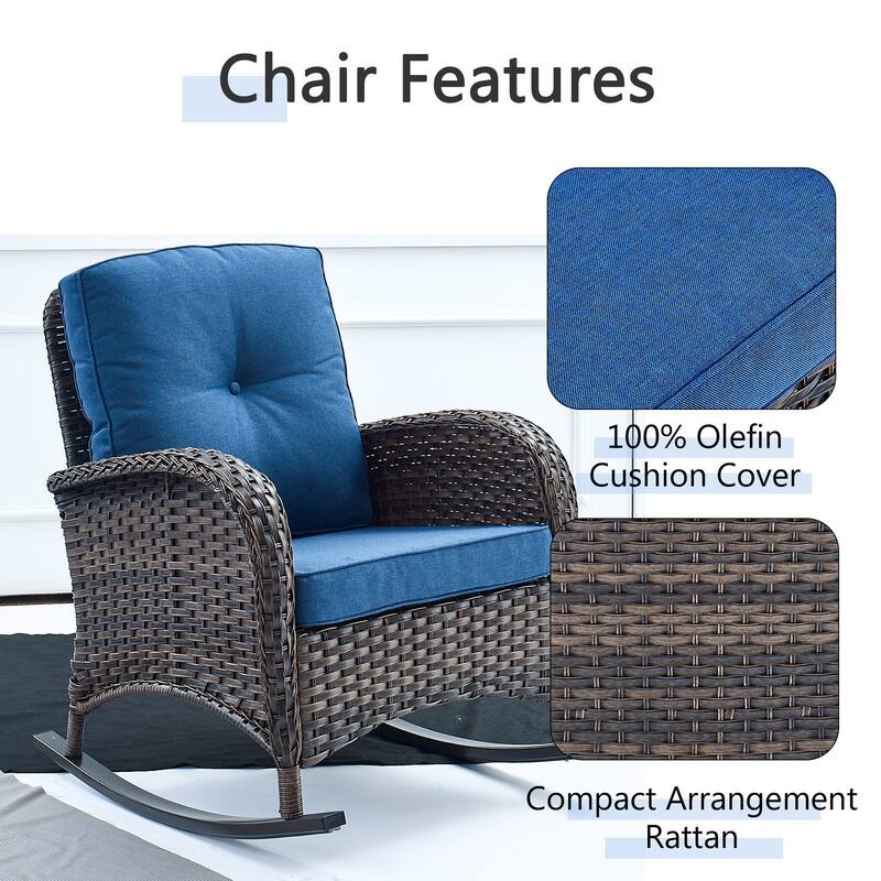 PlainCurve 3-Piece Wicker Outdoor Patio Conversation Set with Rocking Chairs and Olefin Cushions